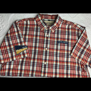 Vintage NAUTICAL Jeans Plaid Button Down Shirt Men’s Sz L Spell Out Red White